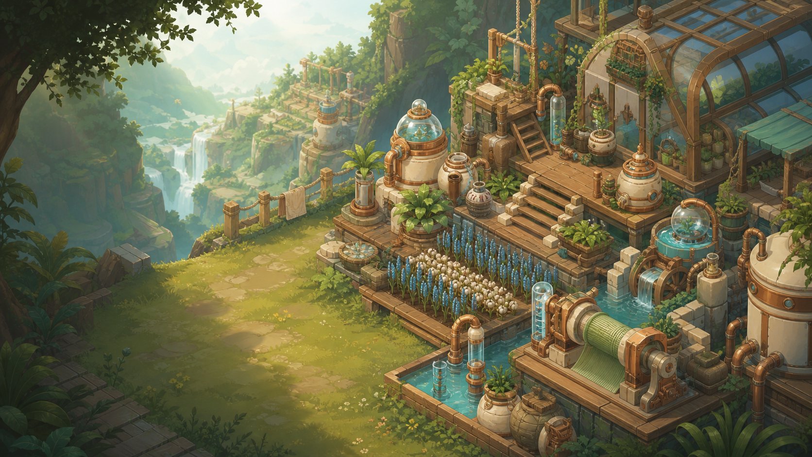 Botanitech key art — a terraced greenhouse of brass pipes, glass domes and glowing blue flowers above a waterfall valley
