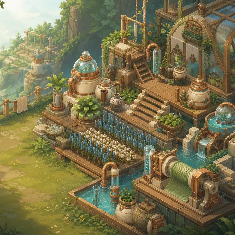 Botanitech key art — a terraced greenhouse of brass pipes, glass domes and glowing blue flowers above a waterfall valley