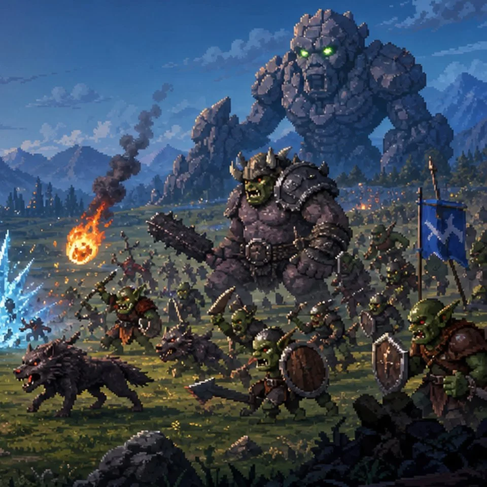 Keep Rising key art, detail: a stone golem, an armoured orc and wolves charging the castle barricades by moonlight