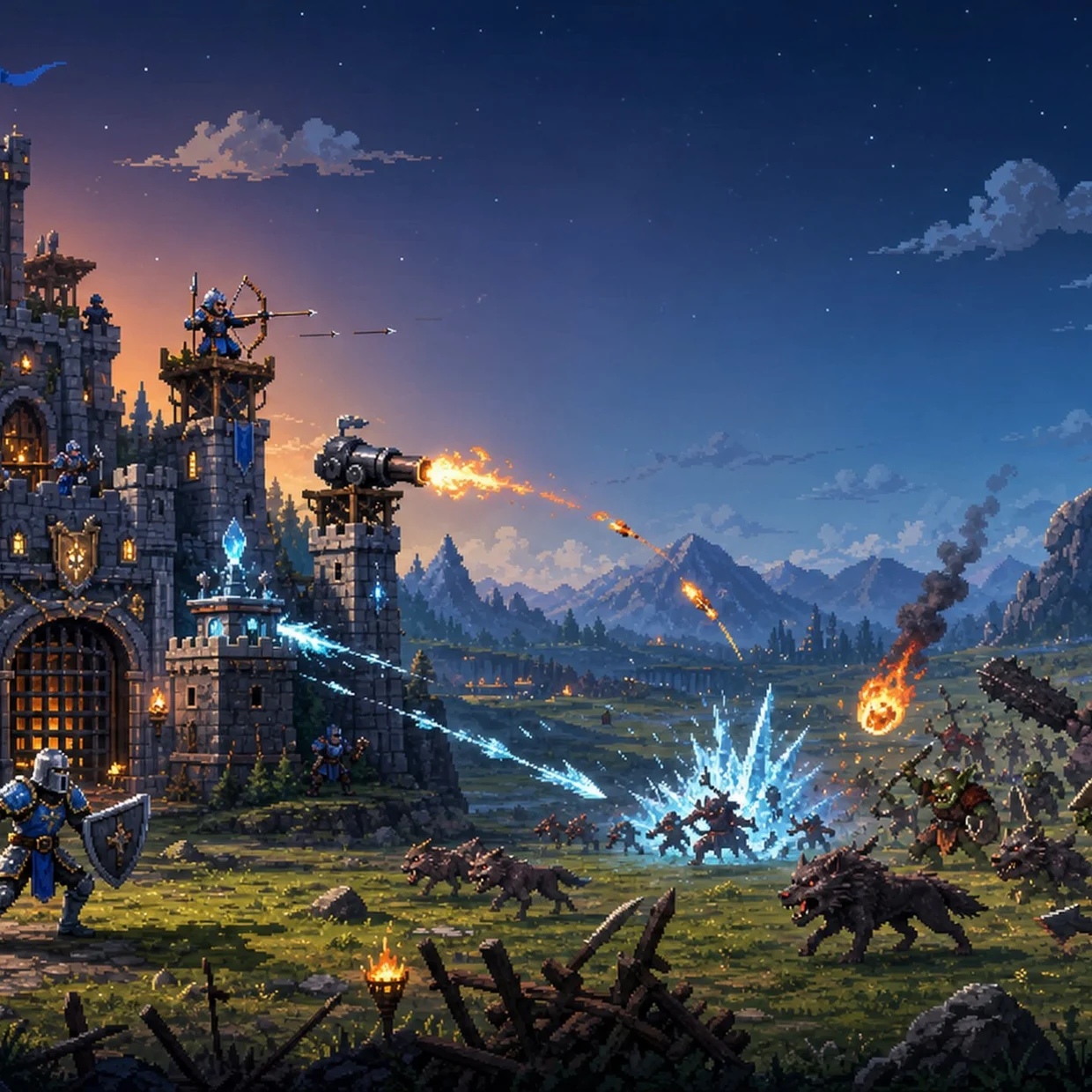 Keep Rising key art — a moonlit stone castle firing cannons and frost magic at a horde of orcs, wolves and a stone golem